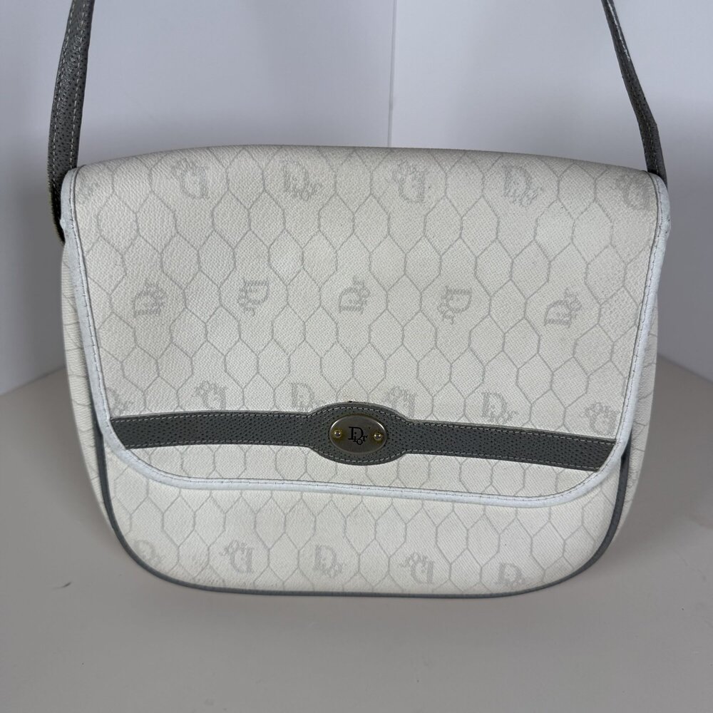 Vintage Christian Dior White Honeycomb Canvas Flap Shoulder Bag